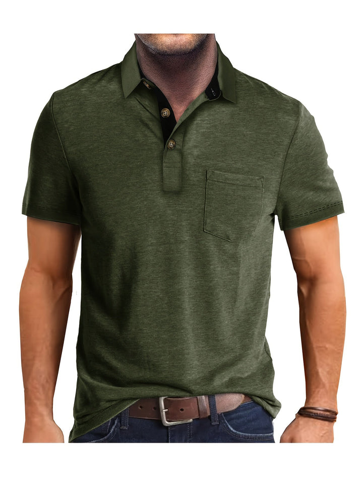 Eleganter Herren Poloshirt Look für Büro und Freizeit, mit Brusttasche.