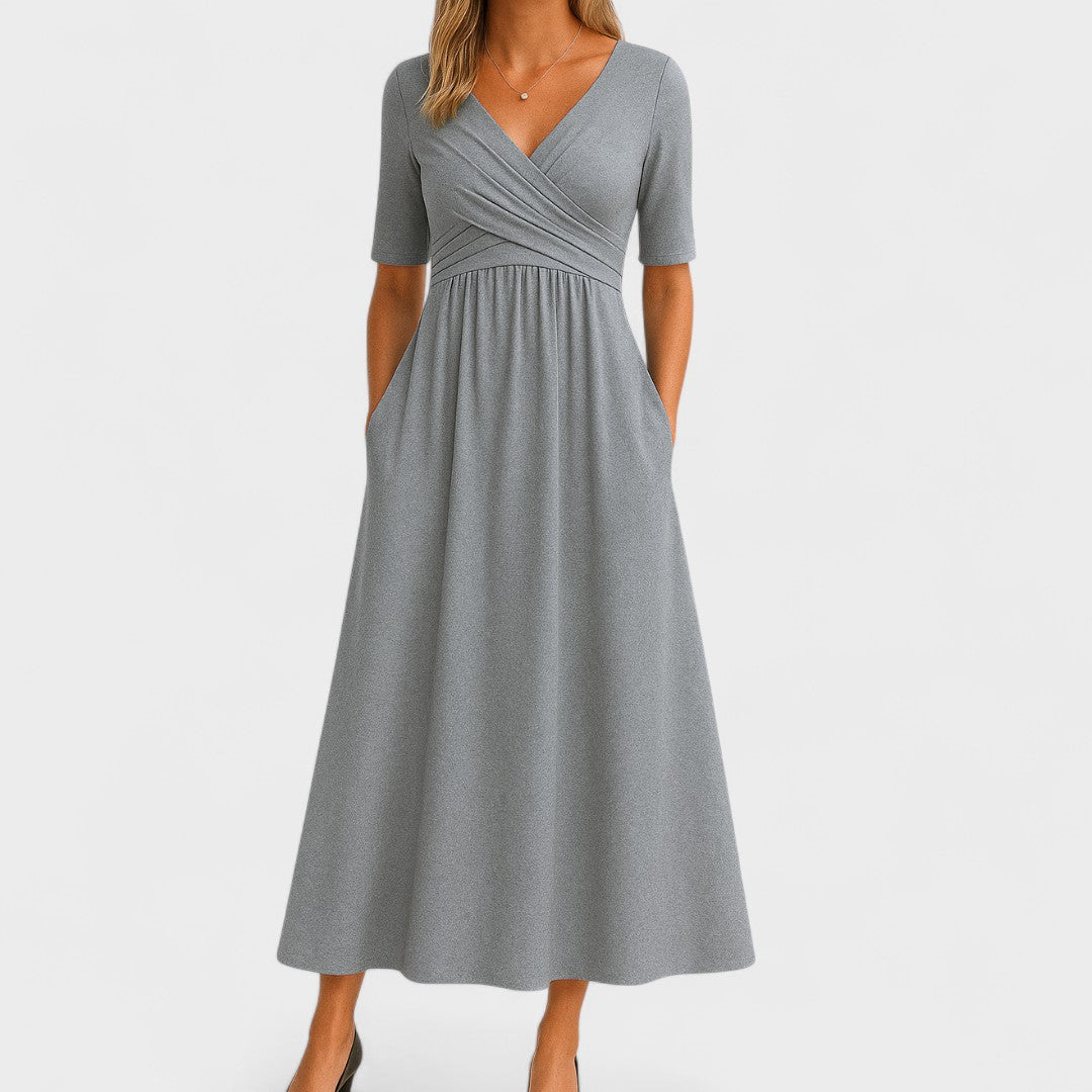 Elegantes Damen Midi-Kleid mit Wickelausschnitt, Slim Fit & kurzen Ärmeln. Perfekt für Freizeit & Sommer.