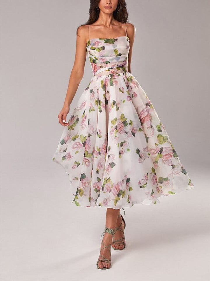 Elegantes Damen Sommer Hochzeitsgastkleid, Midikleid mit Blumenmuster & schmalen Trägern in Rosa/Lila, festlich.