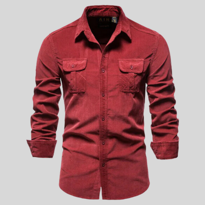 Rotes Herren Langarm Button-Up Hemd, stilvoll und bequem, passend für Freizeit & Business Casual.
