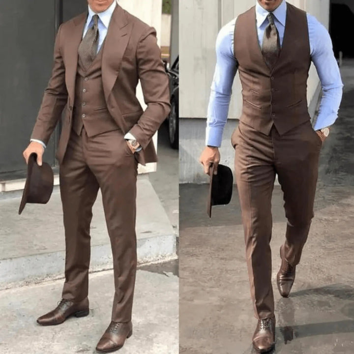 Eleganter brauner Herren 3-teiliger Anzug, klassisch geschnitten, slimfit, ideal für Business, Hochzeiten und Feste.