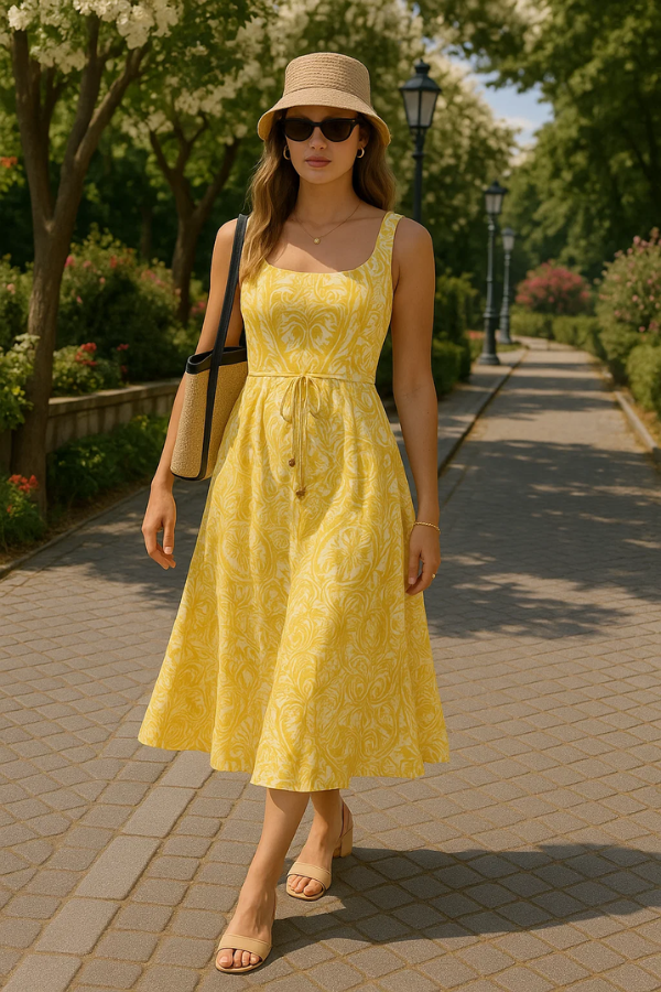 Gelbes Damen Maxikleid mit Blumenmuster, A-Linie, ärmellos und Bindegürtel. Ideal als elegantes Sommerkleid für Freizeit.