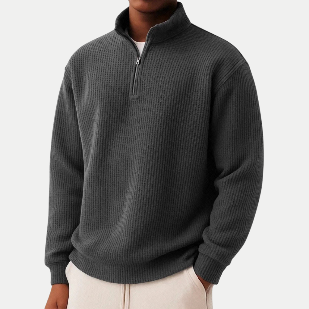 Herrenmode: Vielseitiger Pullover mit Reißverschluss, Stehkragen und Langarm-Design.