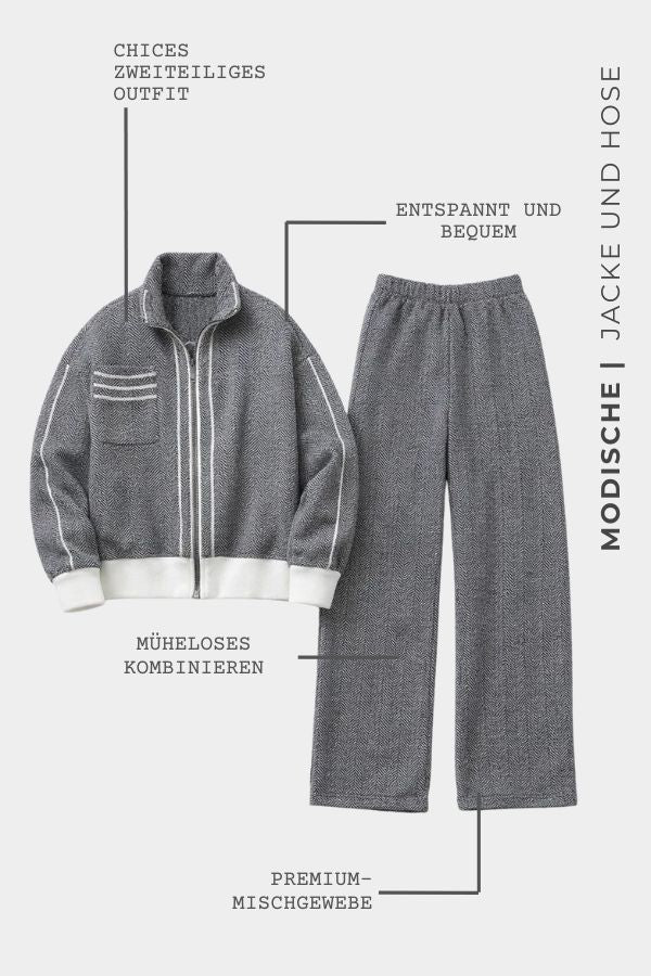 Komfortables graues Damen Set. Weiche Jacke & Hose, ideal als Loungewear & Alltagsoutfit für entspannte Tage.