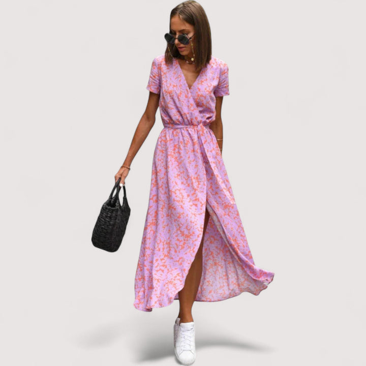 Modernes Damen Freizeitkleid, tailliertes Wickelkleid mit stilvollem Blumenprint.