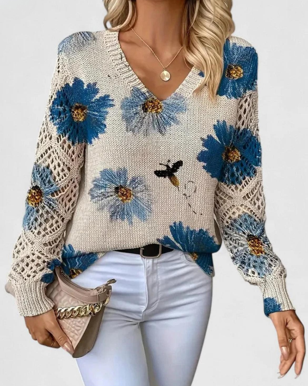 Damen Strickpullover mit weicher Struktur & durchbrochenen Ärmeln für Herbst & Winter.