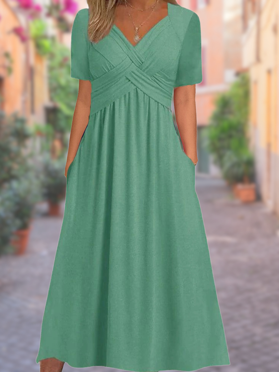 Stilvolles Damen Midikleid mit V-Ausschnitt, Kreuzrücken und A-Linie; vielseitiges Freizeit- oder Partykleid mit Taschen.