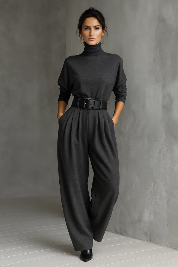 Eleganter Damen Jumpsuit mit Gürtel und weitem Bein in Schwarz, ideal für Business Casual & Freizeit.
