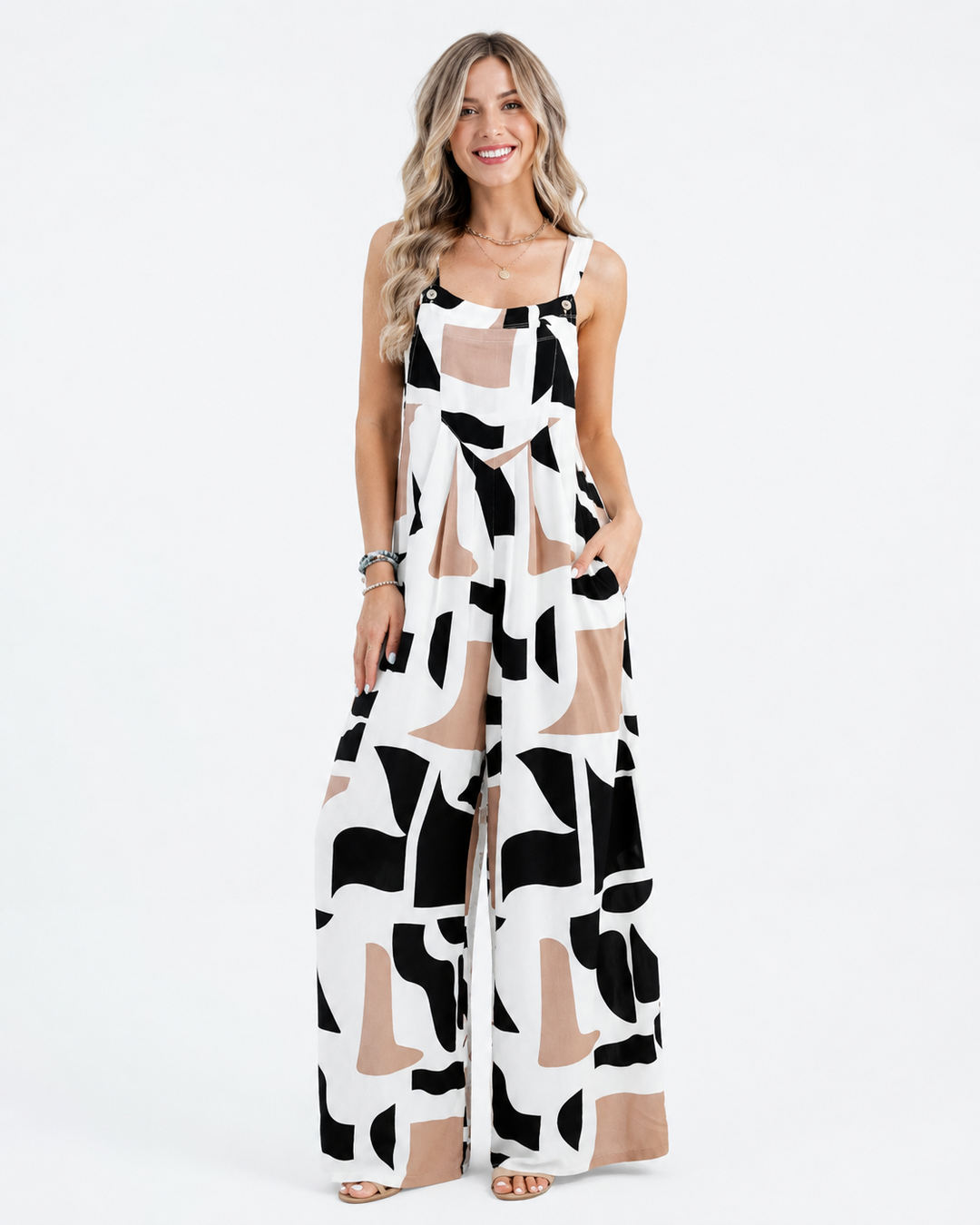Eleganter Damen Ärmelloser Jumpsuit mit stilvollem Muster, ideal für Sommer Freizeit und besondere Anlässe.