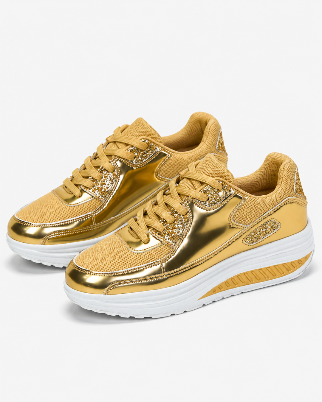 Stylische Damen Sneakers in Metallic-Optik, atmungsaktiv & bequem, ideal als Freizeitschuh für den Alltag.