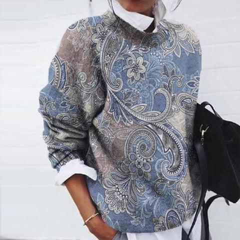 Damen Strickpullover grau mit elegantem Print, langarm. Bequeme, lockere Passform für Freizeit & Alltag.