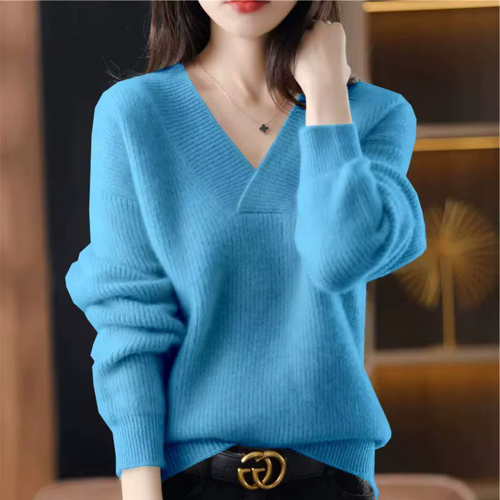 Damen Rippstrickpullover, V-Ausschnitt, lockere Passform. Freizeit-Look, elegant & bequem.