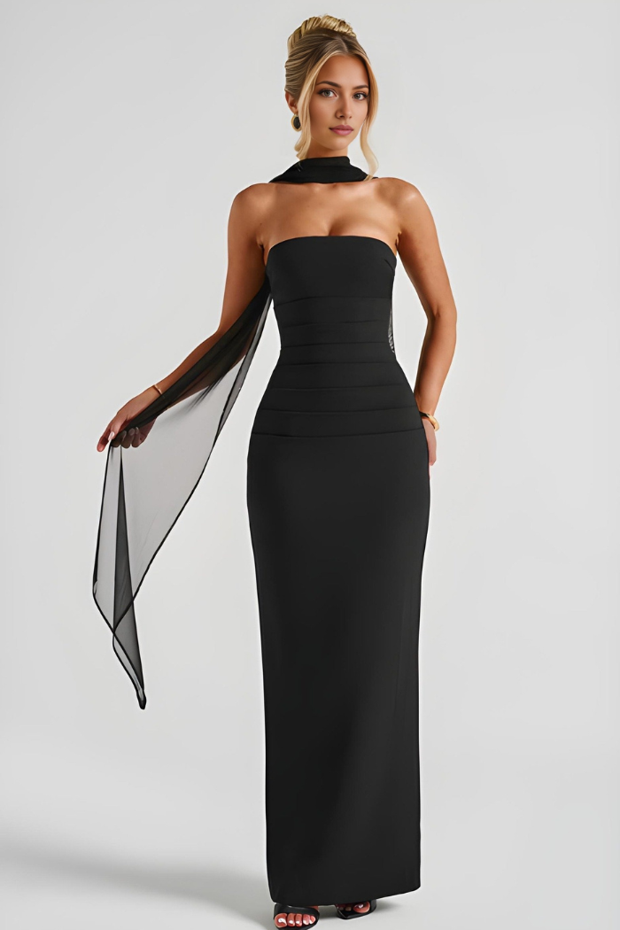 Elegantes Damen Trägerloses Maxi Bodycon Cocktailkleid in Schwarz, figurbetont und festlich für besondere Anlässe.