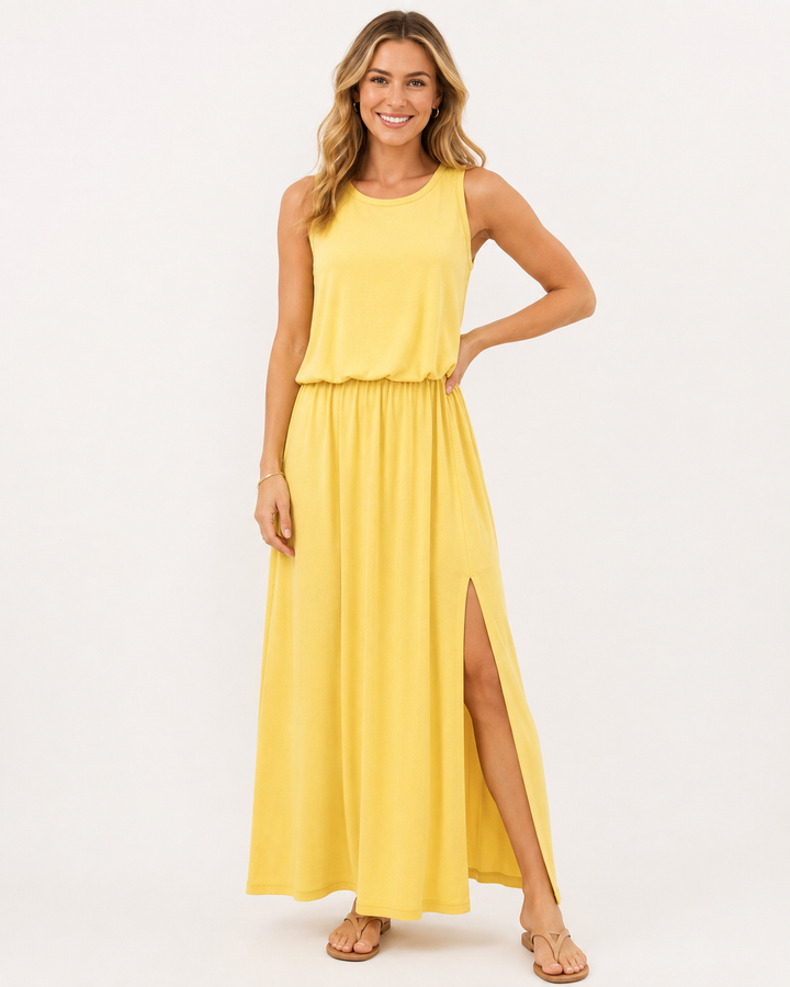 Elegantes, gelbes, ärmelloses Damen-Schlitzkleid im Oversize-Stil; ideal als luftiges Sommer- & Strandkleid.