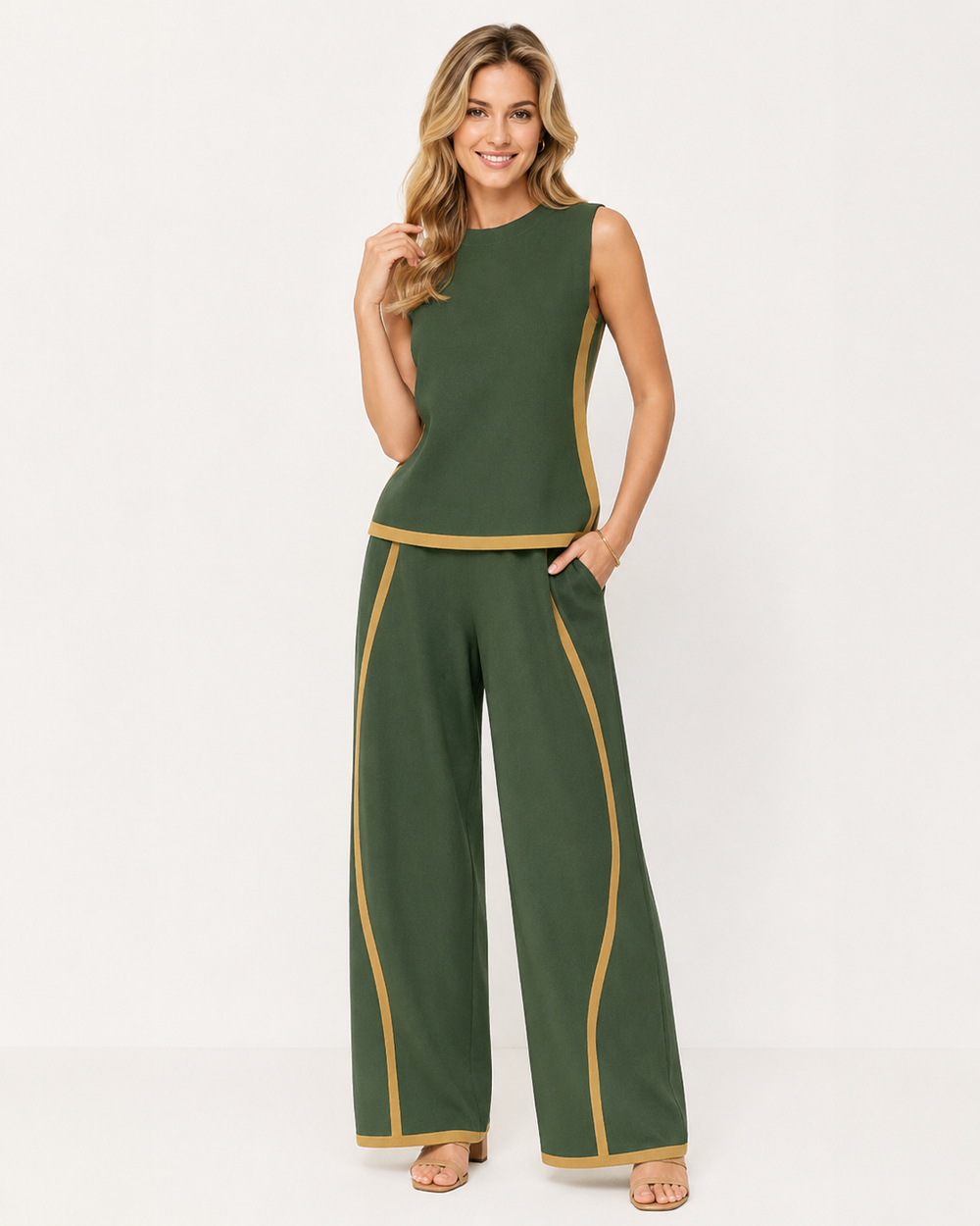 Elegantes Damen Sommer Set für Urlaub & Freizeit: ärmelloses Top und weite, komfortable Hose.