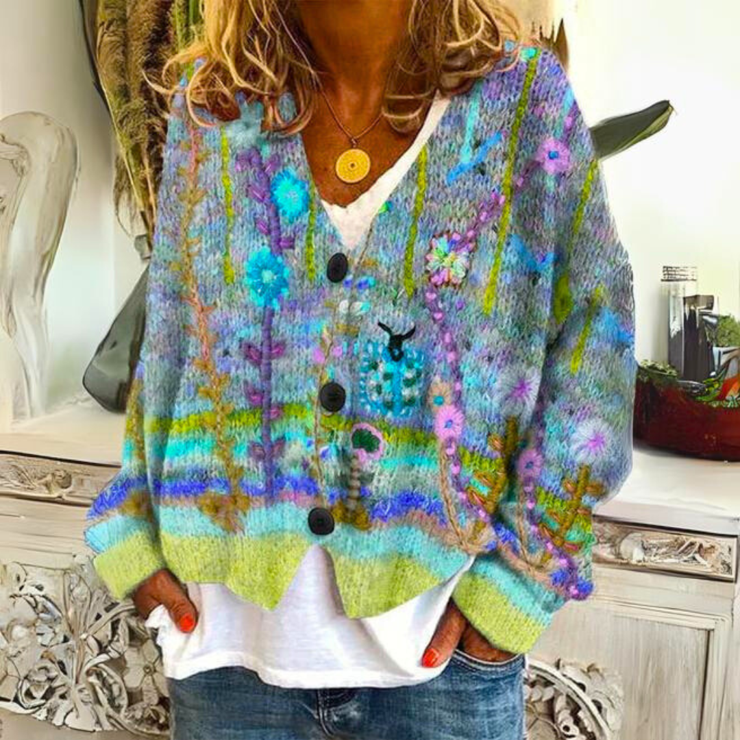 Gemütlicher, farbenfroher Damen Cardigan Hannah für Herbstmode. Bohème-Strickjacke mit Langarm für Damen.