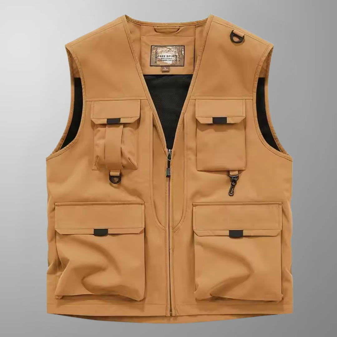 Herren Frachtweste, beige, mit vielen Taschen für Outdoor, Reisen & Angeln.