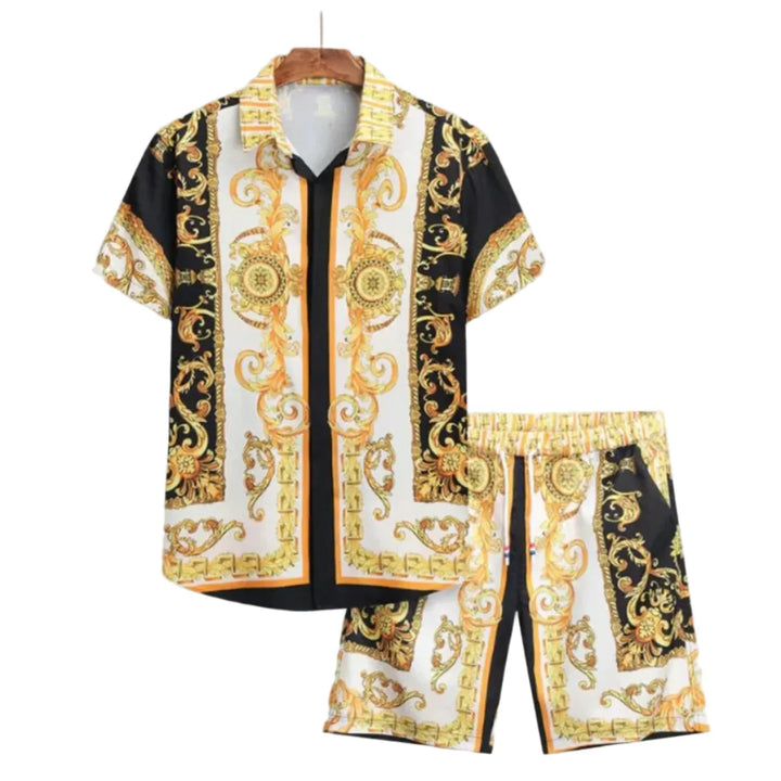 Herren Sommeranzug mit elegantem Barockmuster, lockeres Kurzarmhemd und Shorts, perfekt für Urlaubstage.