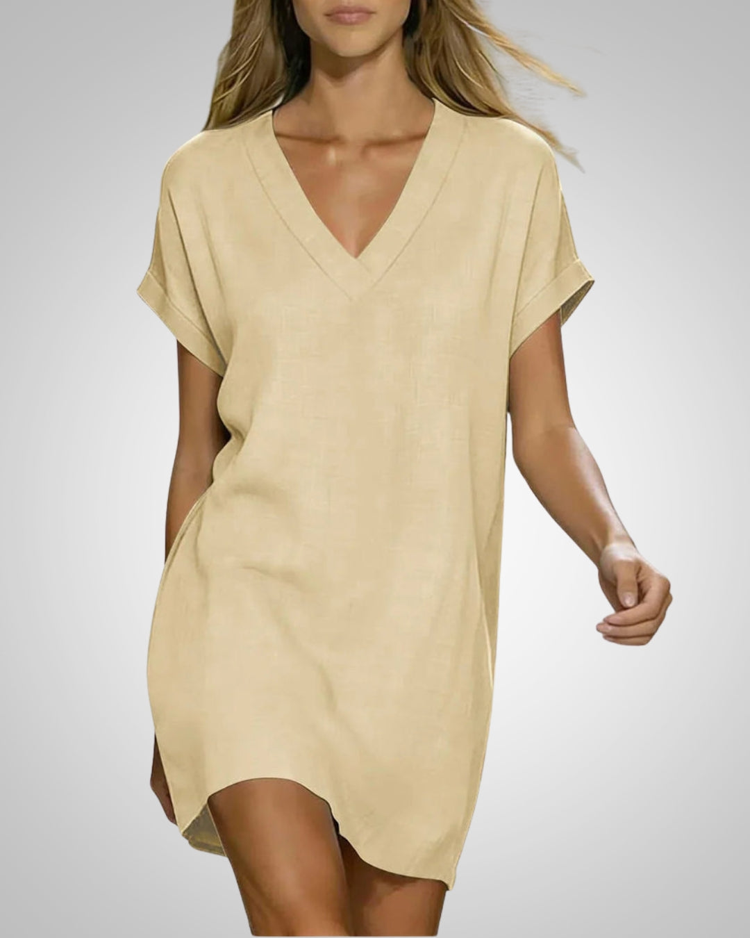Damen Midi-Kleid mit elegantem V-Ausschnitt und Kurzarm. Vielseitiges, bequemes Freizeitkleid für jeden Tag.