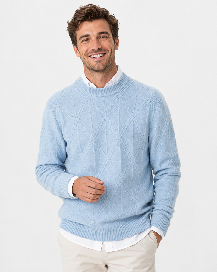 Herren Rundhals-Strickpullover mit elegantem Diamantmuster. Ideal für Herbst- und Wintermode.