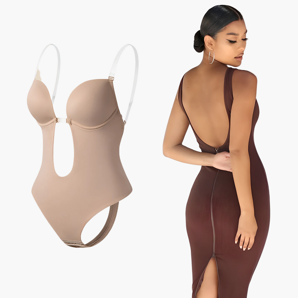 Formender Damen Shapewear-Body mit tiefem Rückenausschnitt, bietet Komfort und unsichtbare Unterstützung.