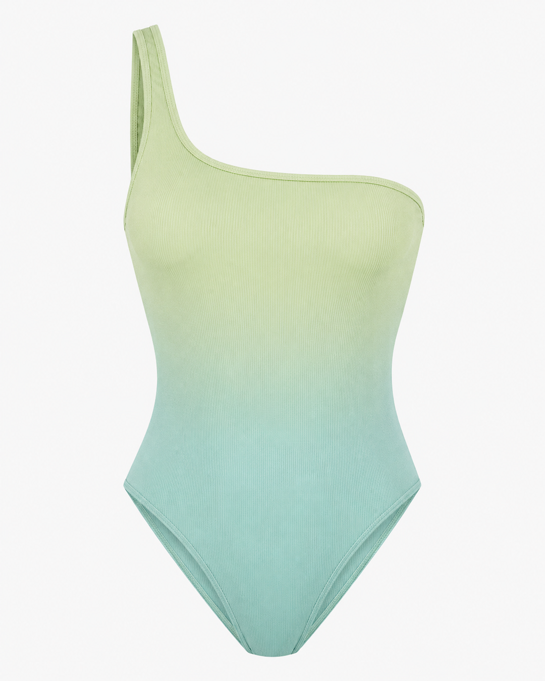 Figurbetonter mintgrüner Damen Badeanzug mit auffälligem einseitigem Ausschnitt. Stylisch für den Sommer.
