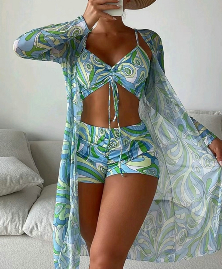 Damen Bikini Set, dreiteilig und farbenfroh, ideal für Strand & Pool. Verstellbare Bademode für den Sommerurlaub.