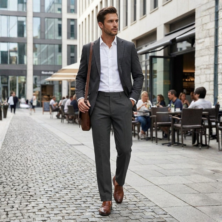 Detail Reißverschluss & Knopf der Herren Slim Fit Hose mit verstellbarem Bund.