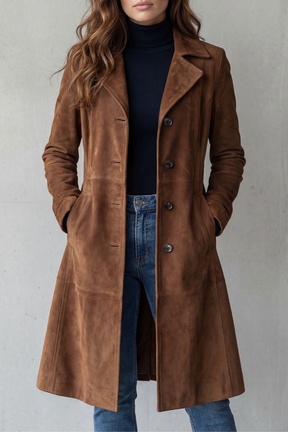 Moderner Longmantel für Damen aus Wildlederoptik, komfortabel und klassisch, perfekt für den Winter.