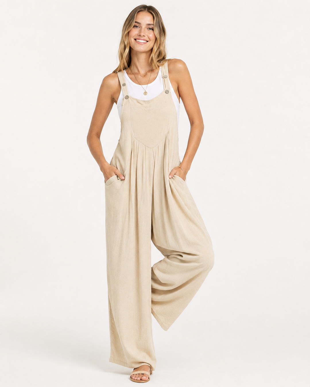 Bequemer Damen Overall mit weitem Bein. Eleganter, lockerer Jumpsuit, perfekt für Freizeit & Urlaubslook.