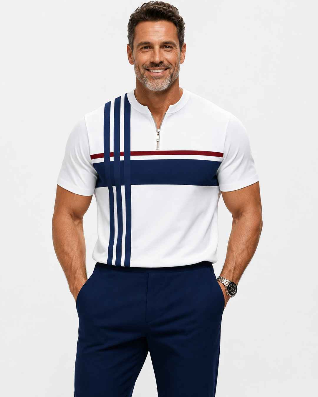 Dunkelblaues Herren Zip-Neck Strick-Polo mit geometrischem Muster für einen smart-casual Look.
