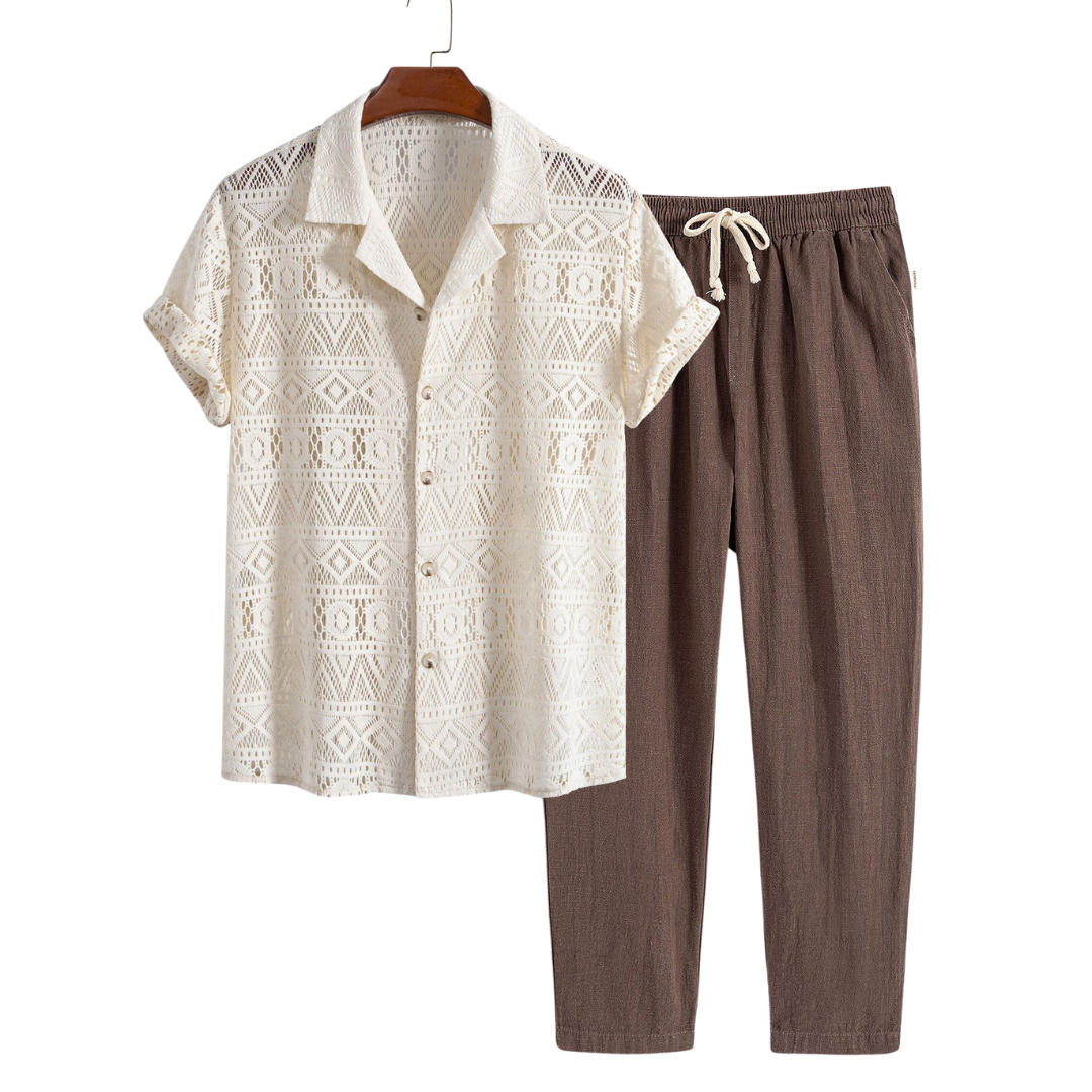 Herren Sommer Zweiteiler: Leichtes Casual Hemd & bequeme Freizeithose für Urlaub.