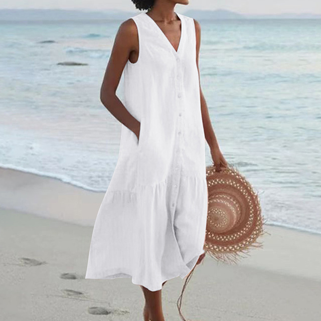 Damen Ärmelloses Sommer Maxikleid mit V-Ausschnitt, locker und lässig. Perfektes Strandkleid für den Sommer.