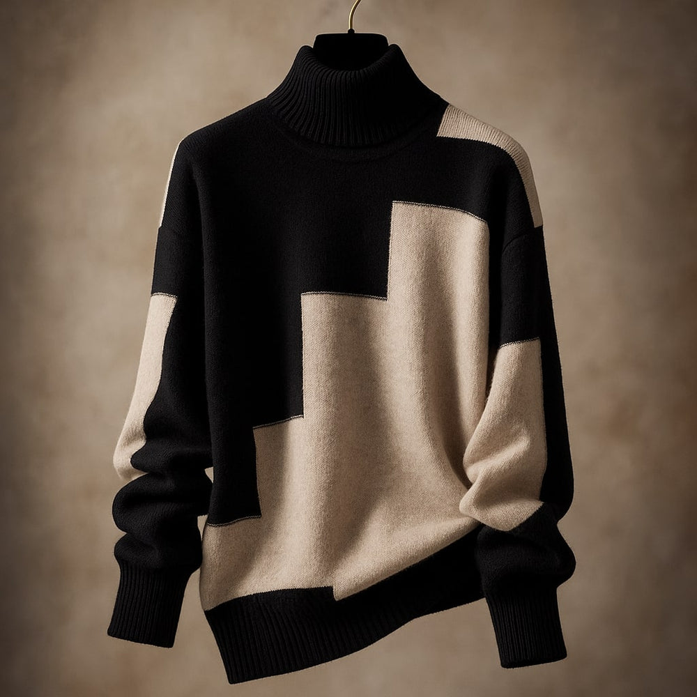 Schickes Damen Rollkragenpullover Oberteil mit geometrischem Motiv. Perfekt für Freizeit & Business im Winter.