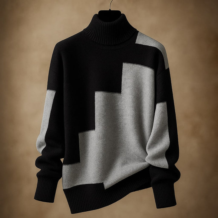 Langarm Damen Rollkragen-Oberteil, gerippter Kragen, geometrisches Design. Modische Winter- & Herbstkleidung.