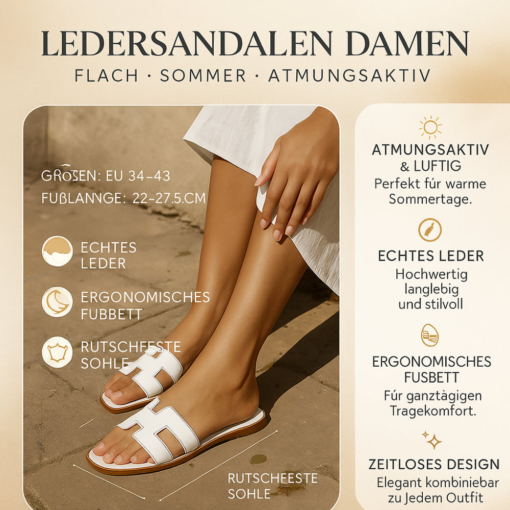 Modische flache Damensandalen, ideal als Freizeitschuhe & Urlaubsschuhe, stilvoller Sommerlook.