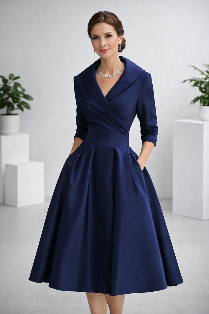 Stilvolles Damen Midikleid A-Linie, ideal als Bürokleid. V-Ausschnitt, Schalkragen & Dreiviertelärmel.