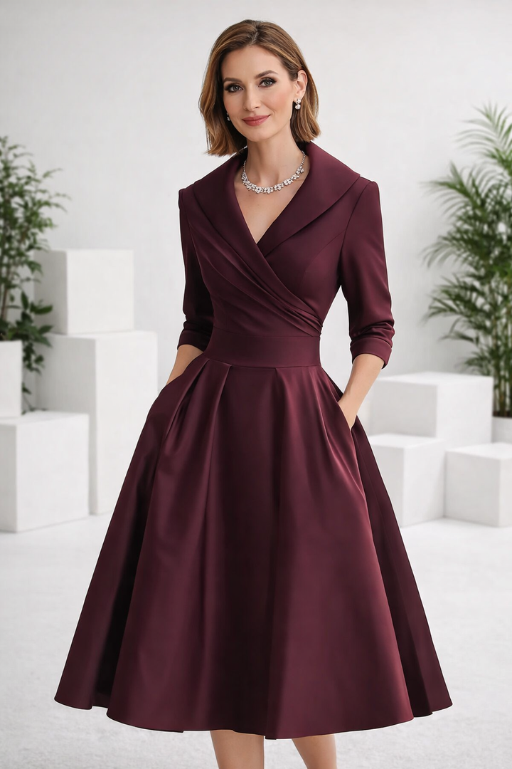 Festliches Midikleid für Damen: A-Linie Silhouette, V-Ausschnitt, Schalkragen & elegante Dreiviertelärmel.
