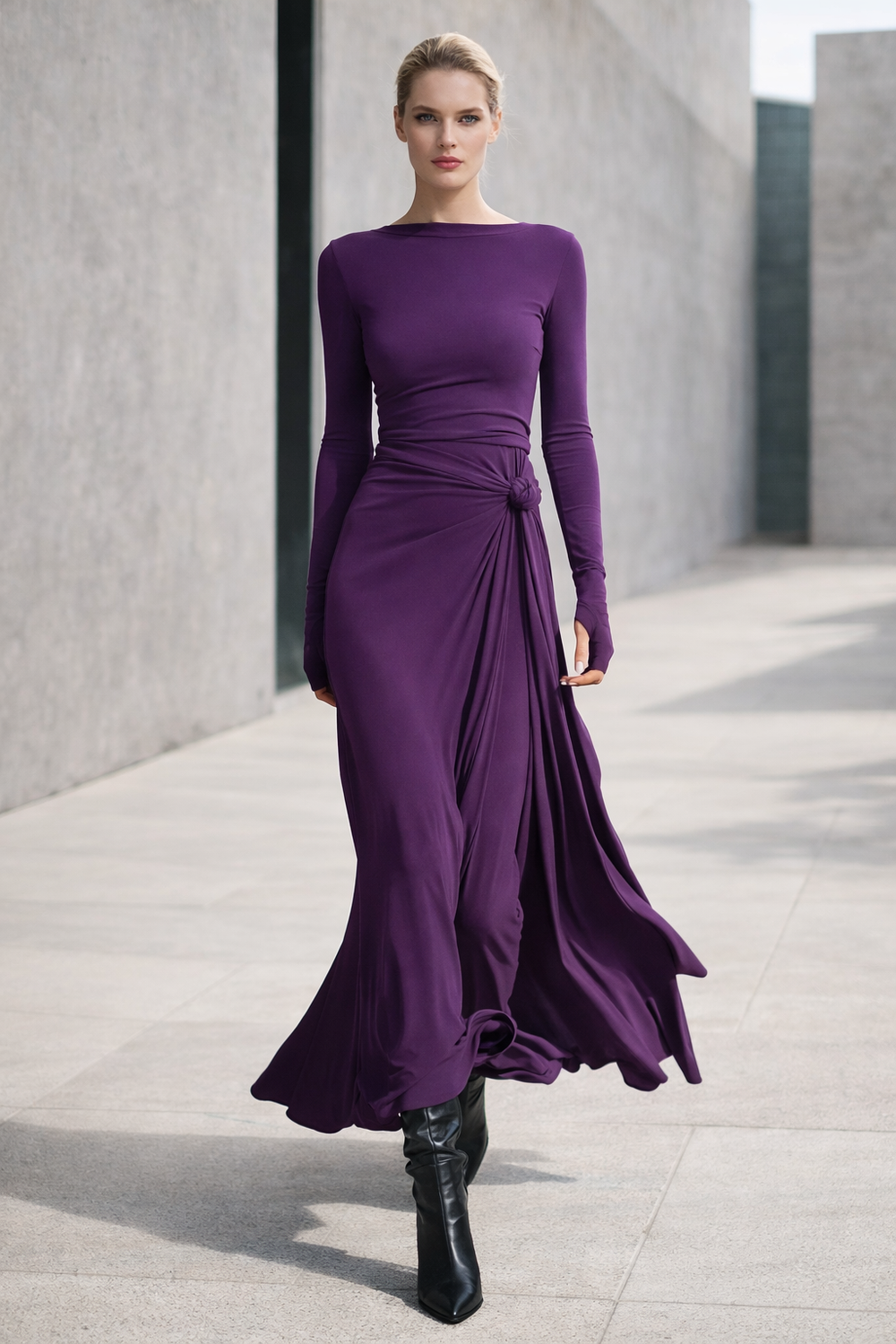 Elegantes Langarm Maxikleid für Damen mit raffinierter Drapierung, Knotendetail und hohem Seitenschlitz.