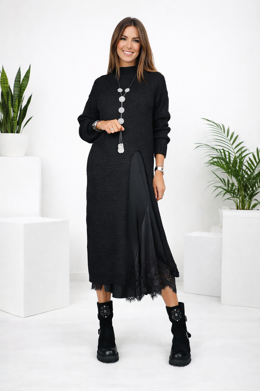 Damen Zweiteiler: Elegantes Strickkleid & Pullover-Set für vielseitige Business- und Freizeit-Outfits.