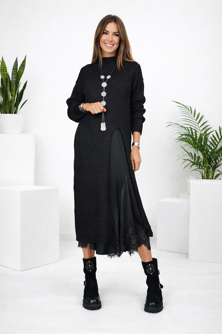 Damen Zweiteiler: Elegantes Strickkleid & Pullover-Set für vielseitige Business- und Freizeit-Outfits.