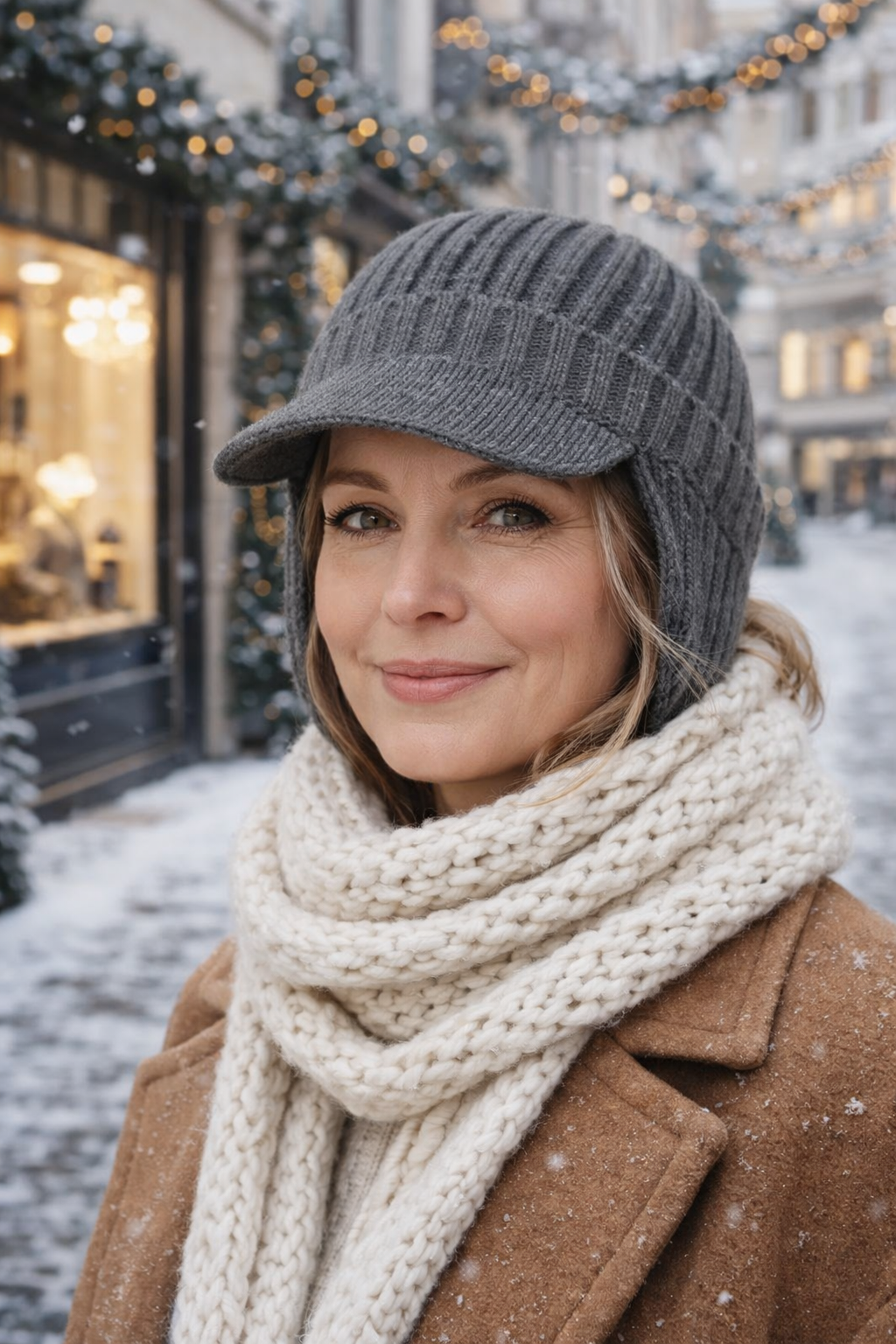 Graue Outdoor-Wintermütze mit Ohrenklappen, winddicht und thermisch, perfekt für kalte Tage.