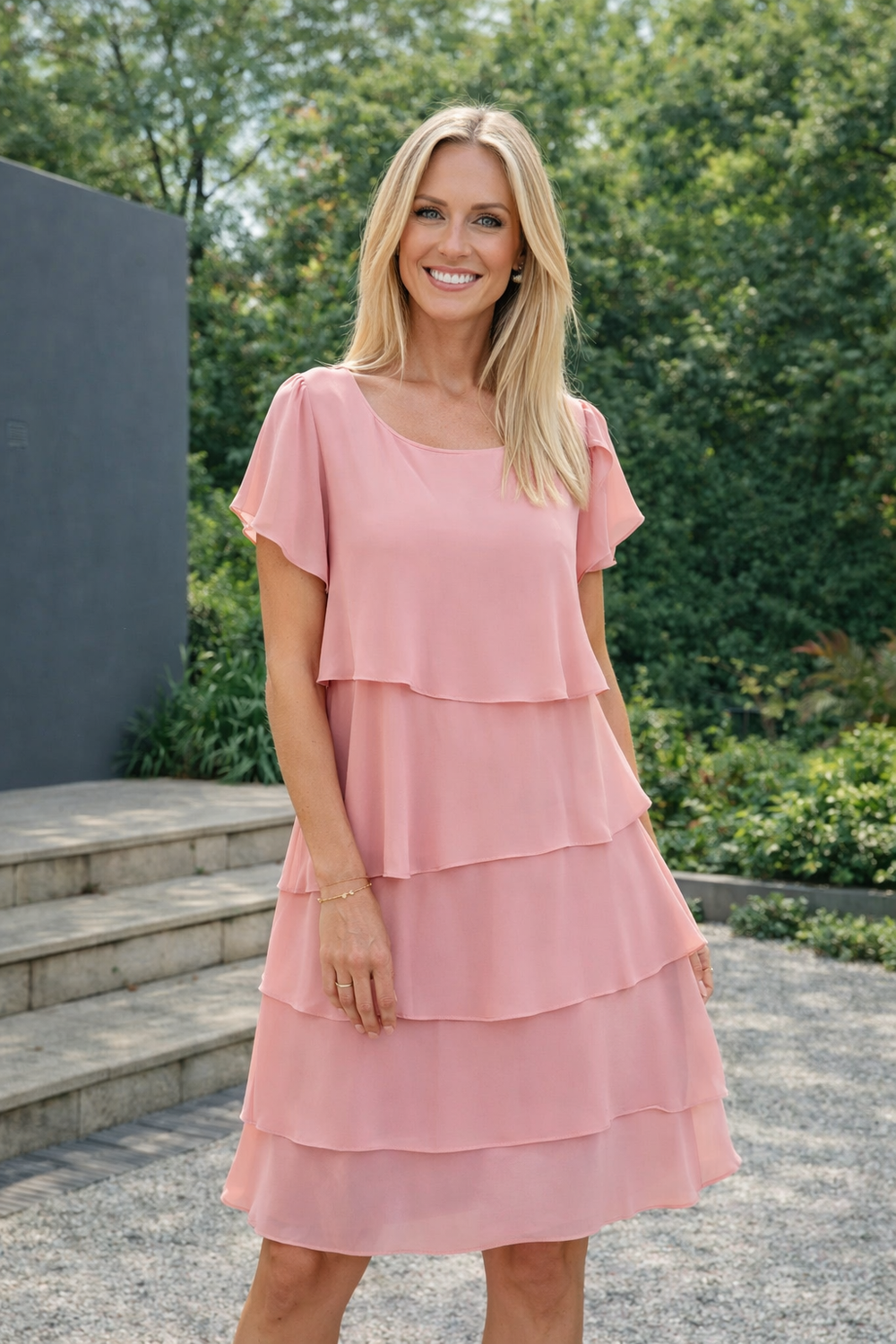 Elegantes, feminines Rüschenkleid für Damen, knielang und kurzärmelig, ideal als vielseitiges Frühlings- und Sommerkleid.