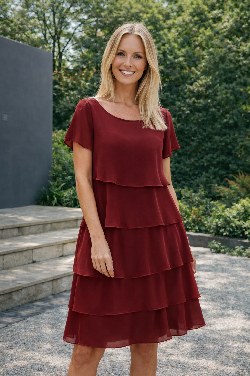 Knielanges, lockeres Damen Rüschenkleid mit kurzen Ärmeln, perfekt als bequemes Sommer- oder Freizeitkleid.