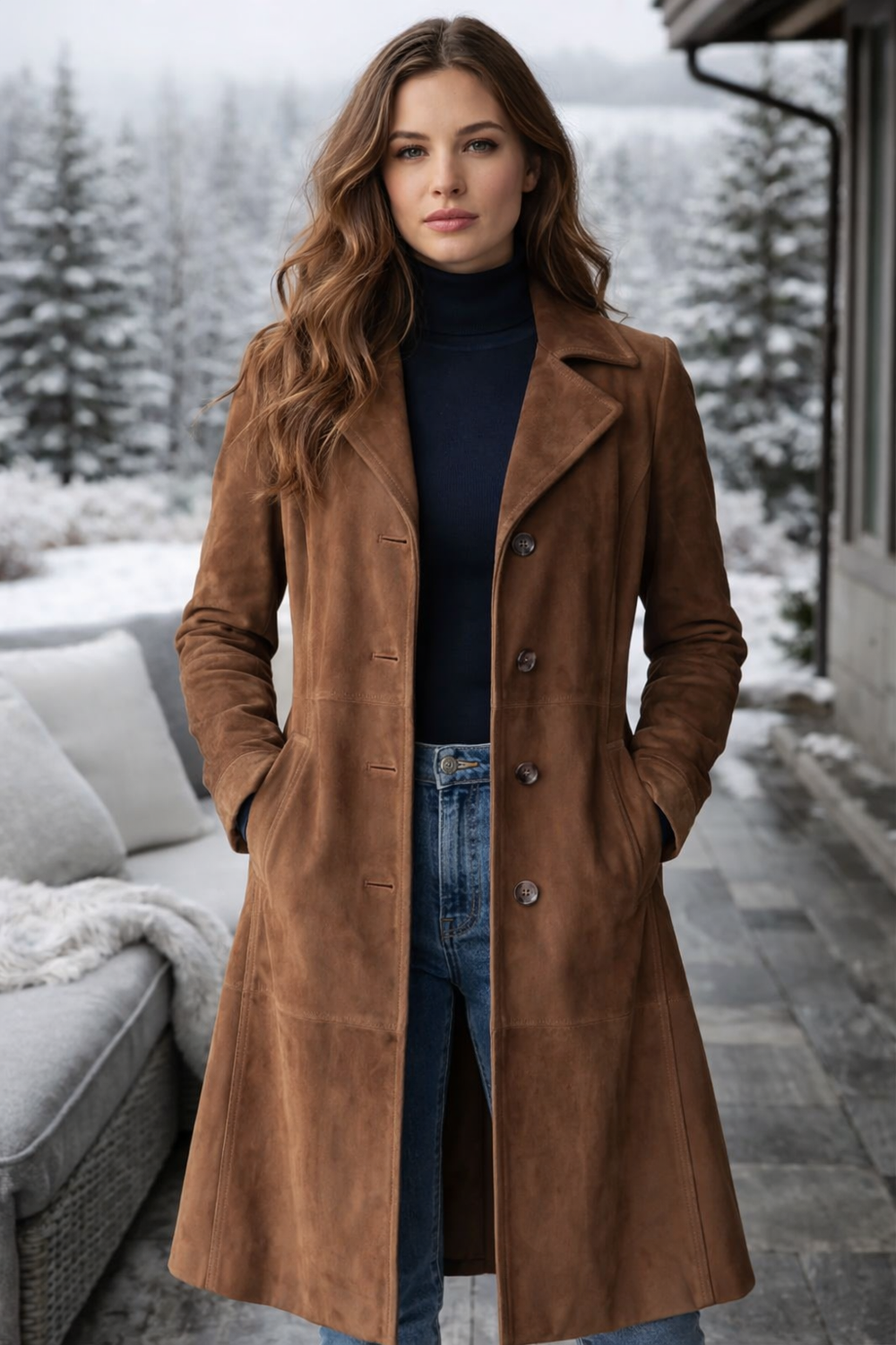 Taillierter Damenmantel in Wildlederoptik mit Knopfverschluss, ideal für elegante Herbst-Looks.