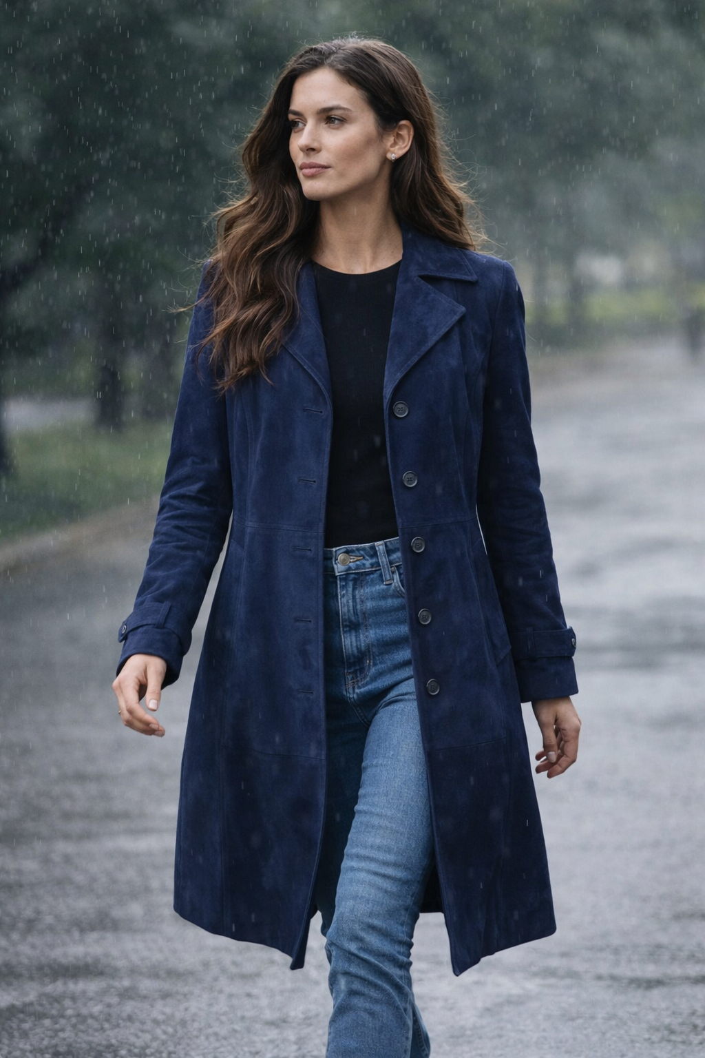 Stilvoller Damen Wildledermantel, lang und tailliert, mit Knopfverschluss für moderne Winteroutfits.