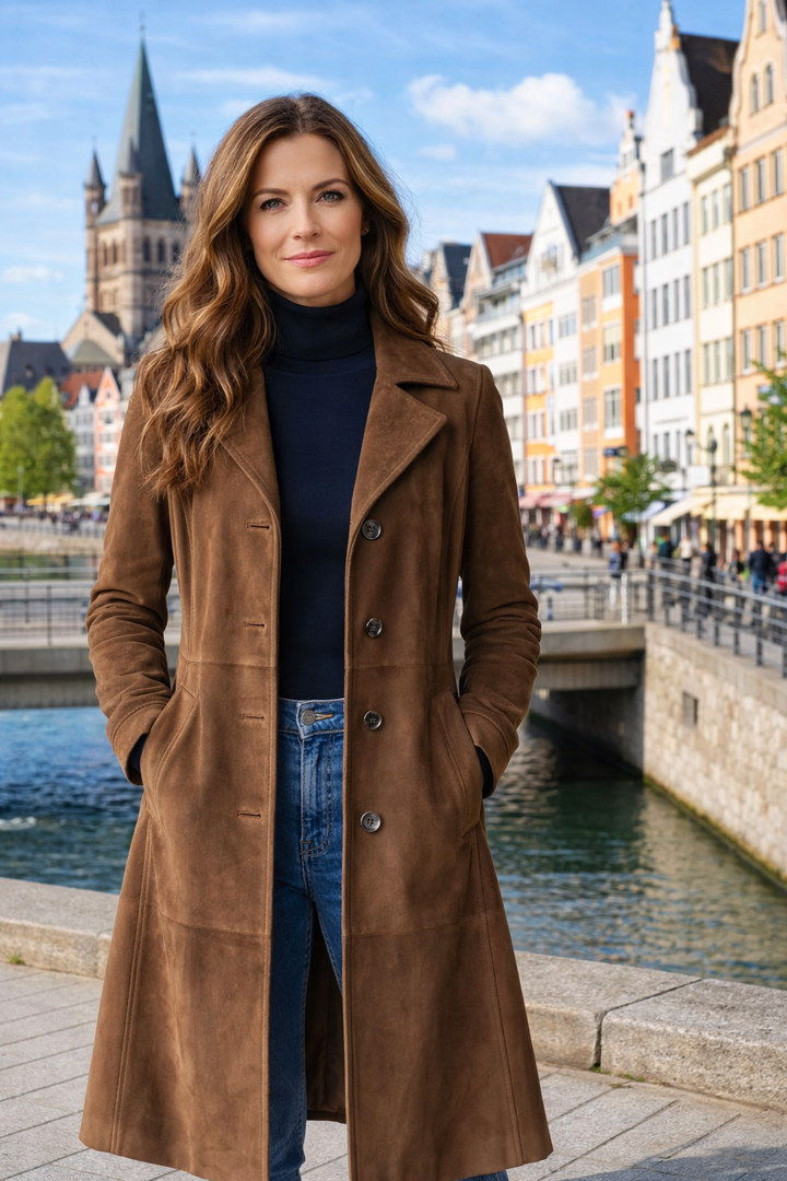 Eleganter Damen Longmantel in weicher Wildlederoptik, tailliert geschnitten für Business & Freizeit.