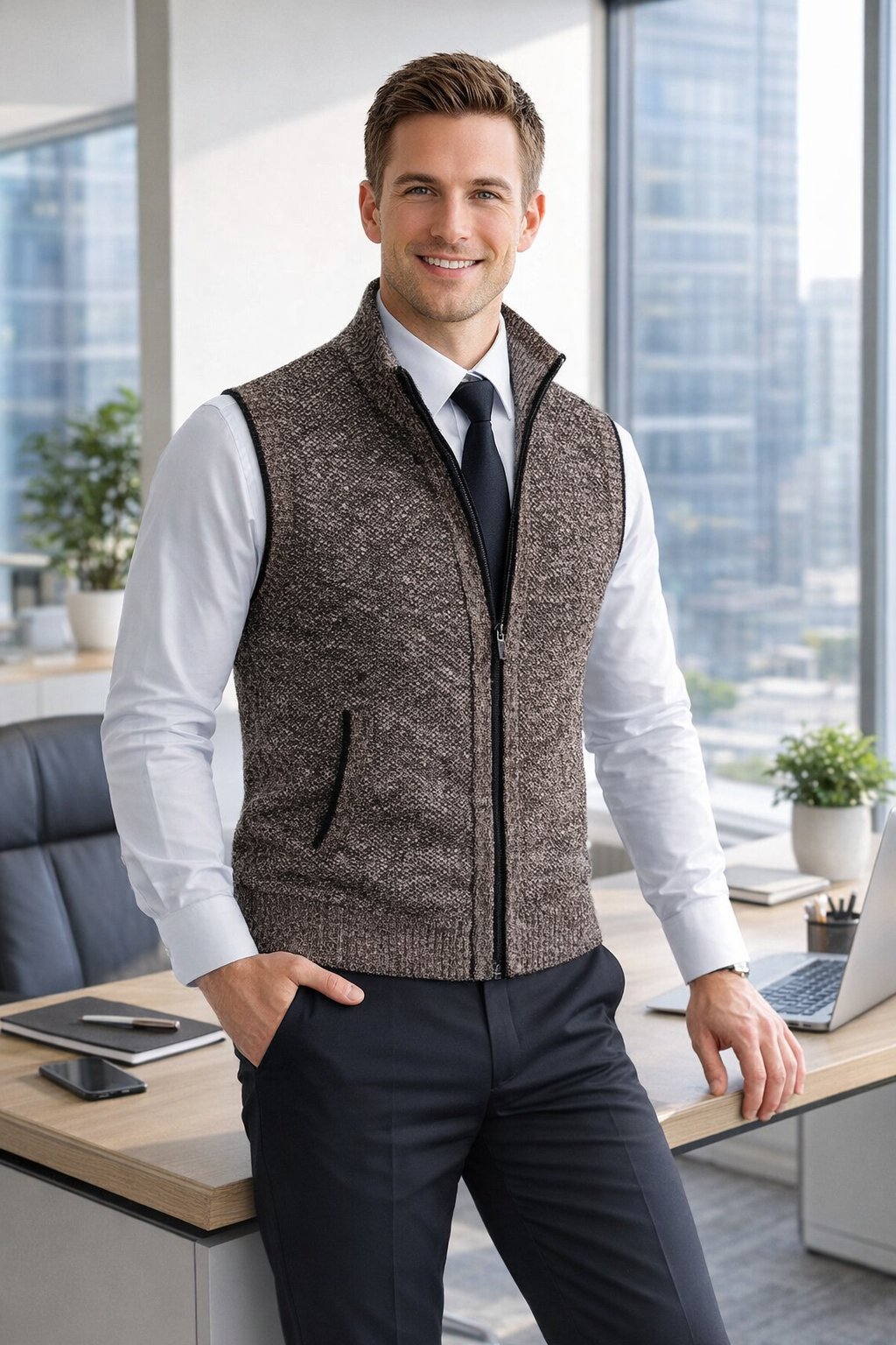 Elegantes schwarzes Herren Gilet mit Reißverschluss, minimalistischer Schnitt, ideal für Business Casual Outfits.