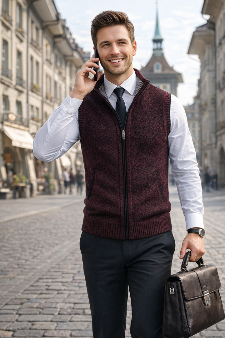 Auffälliges rotes Herren Gilet mit Reißverschluss, eleganter Schnitt für stilvolle Freizeitlooks.