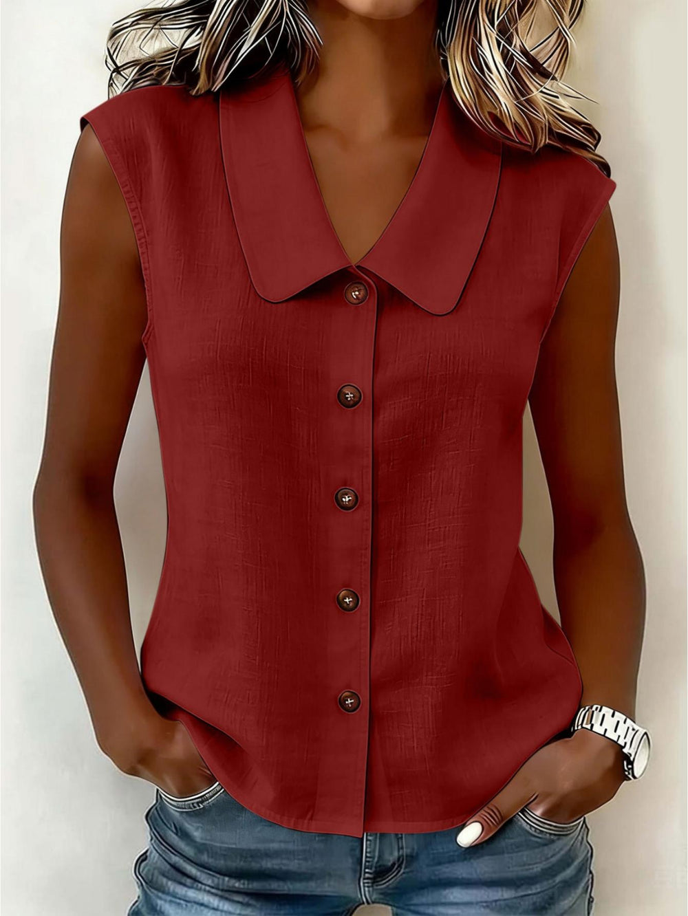 Elegantes ärmelloses Damen Blusentop mit Kragen für Büro und Casual-Looks im Sommer.